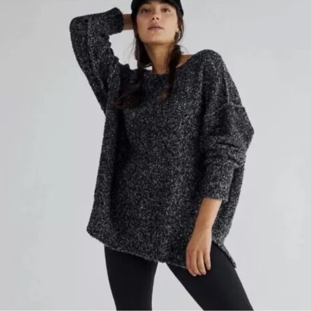 Free People Off-the-Shoulder Chunky Sweater in Charcoal Black